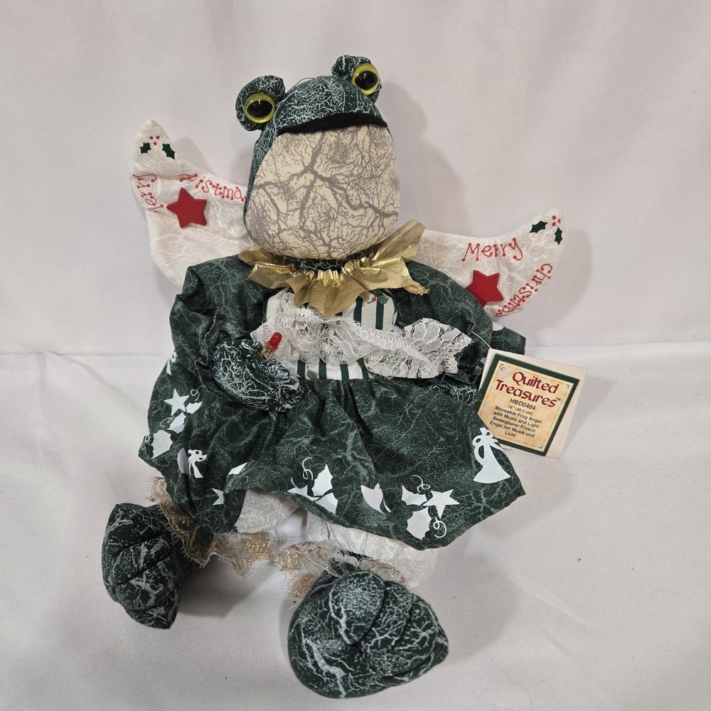 Quilted Treasures Angel Frog Christmas Shelf Sitter Musical Light Up 14" NWT